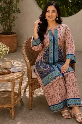 Peach rayon floral printed co-ord set for women