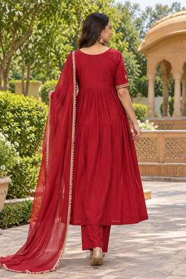 Red embroidered anarkali kurta set for women | premium rayon | ethnic wear with dupatta 3