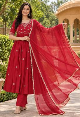 Red embroidered anarkali kurta set for women | premium rayon | ethnic wear with dupatta 4