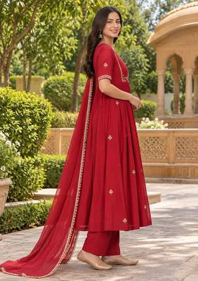 Red embroidered anarkali kurta set for women | premium rayon | ethnic wear with dupatta 5