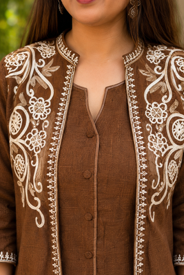 Brown cotton embroidered thread work co-ord set for women 4