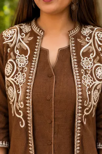 Brown cotton embroidered thread work co-ord set for women