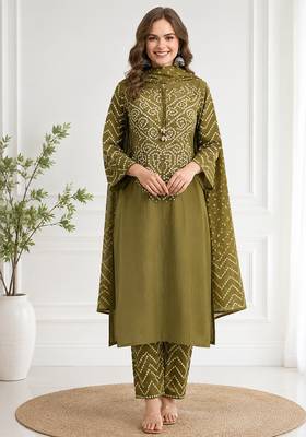 Women's olive green bandhini printed straight kurta pant & dupatta set | traditional ethnic wear | 3 piece suit set 1