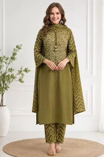 Women's olive green bandhini printed straight kurta pant & dupatta set | traditional ethnic wear | 3 piece suit set