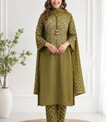 Women's olive green bandhini printed straight kurta pant & dupatta set | traditional ethnic wear | 3 piece suit set