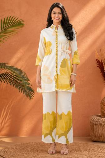 White rayon floral printed co-ord set for women