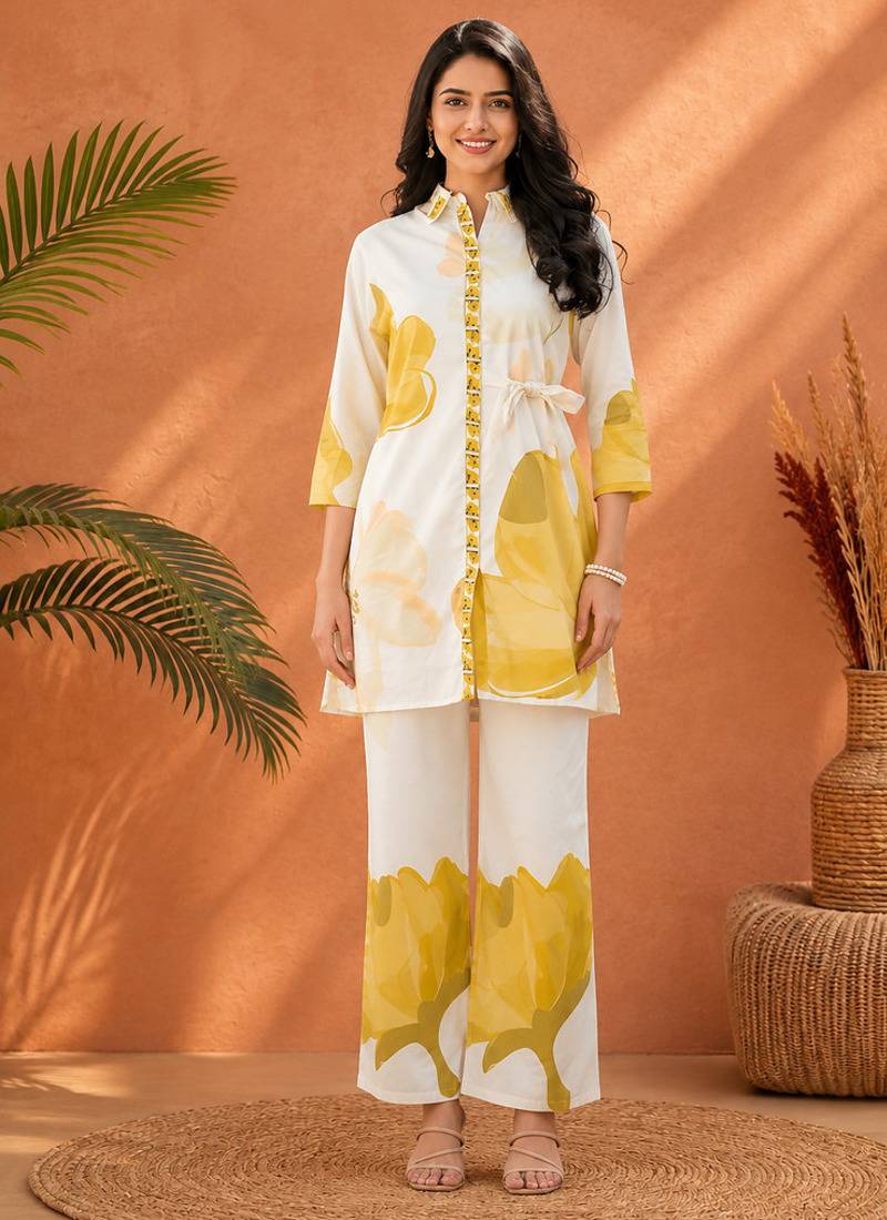 White rayon floral printed co-ord set for women