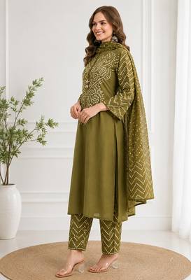 Women's olive green bandhini printed straight kurta pant & dupatta set | traditional ethnic wear | 3 piece suit set 2