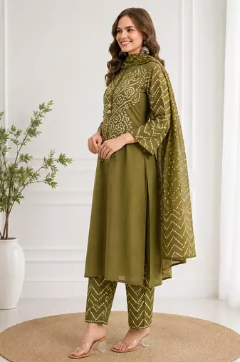 Women's olive green bandhini printed straight kurta pant & dupatta set | traditional ethnic wear | 3 piece suit set