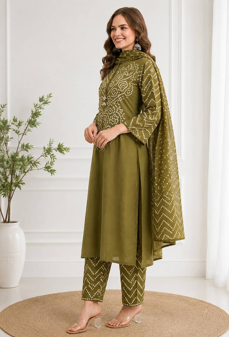 Women's olive green bandhini printed straight kurta pant & dupatta set | traditional ethnic wear | 3 piece suit set
