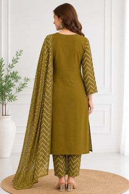 Women's olive green bandhini printed straight kurta pant & dupatta set | traditional ethnic wear | 3 piece suit set 3