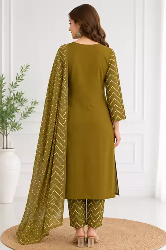 Women's olive green bandhini printed straight kurta pant & dupatta set | traditional ethnic wear | 3 piece suit set
