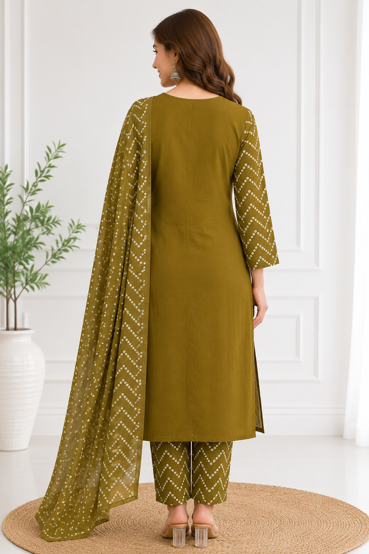 Women's olive green bandhini printed straight kurta pant & dupatta set | traditional ethnic wear | 3 piece suit set
