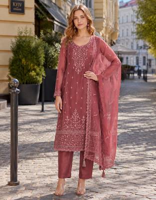 Peach siffon semi stitched suit with embroidery & sequence work 1
