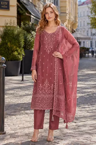 Peach siffon semi stitched suit with embroidery & Sequin work