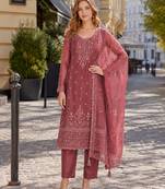 Peach siffon semi stitched suit with embroidery & sequence work