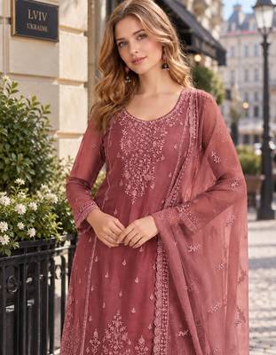 Peach siffon semi stitched suit with embroidery & sequence work 2