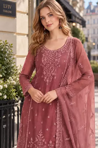 Peach siffon semi stitched suit with embroidery & Sequin work