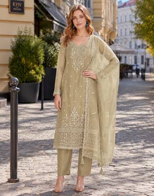 Beige siffon semi stitched suit with embroidery & sequence work 1