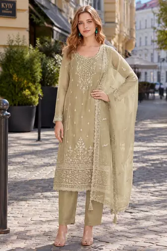 Beige siffon semi stitched suit with embroidery & sequence work