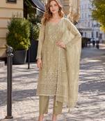 Beige siffon semi stitched suit with embroidery & sequence work