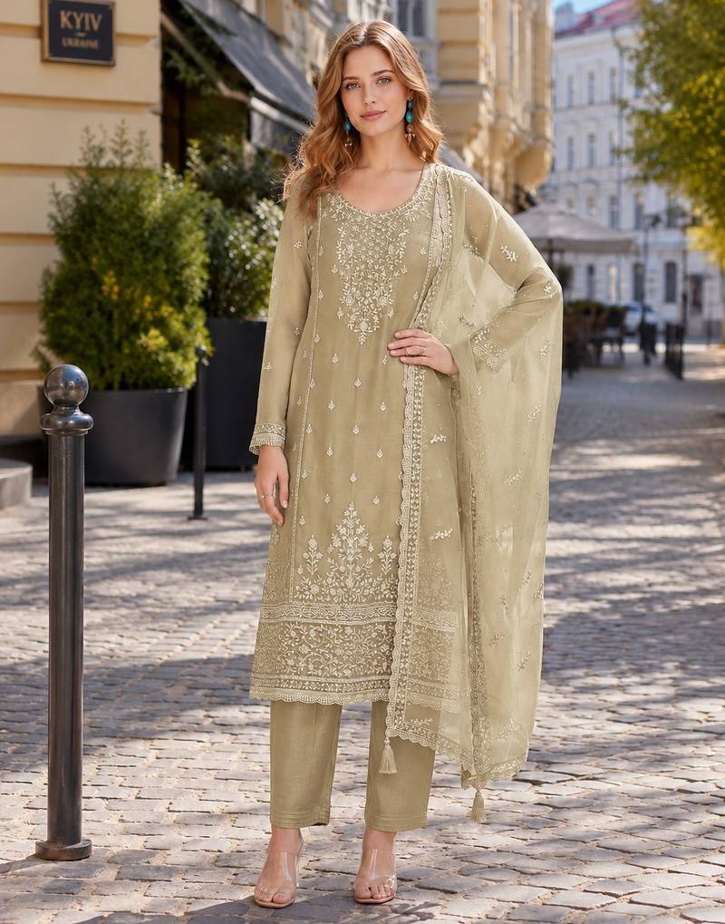 Beige siffon semi stitched suit with embroidery & sequence work