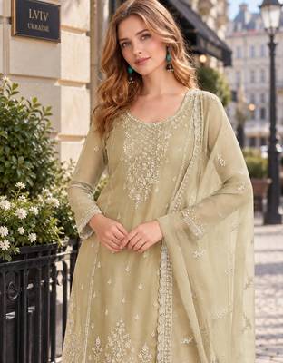 Beige siffon semi stitched suit with embroidery & sequence work 2