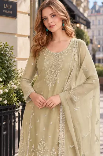 Beige siffon semi stitched suit with embroidery & sequence work