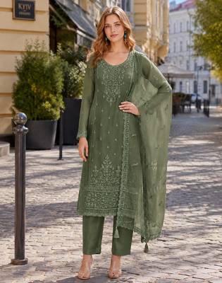 Mehendi siffon semi stitched suit with embroidery & sequence work 1