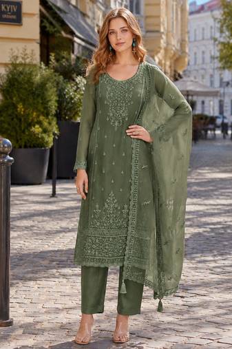 Mehendi siffon semi stitched suit with embroidery & sequence work