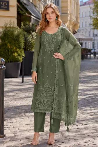 Mehendi siffon semi stitched suit with embroidery & sequence work