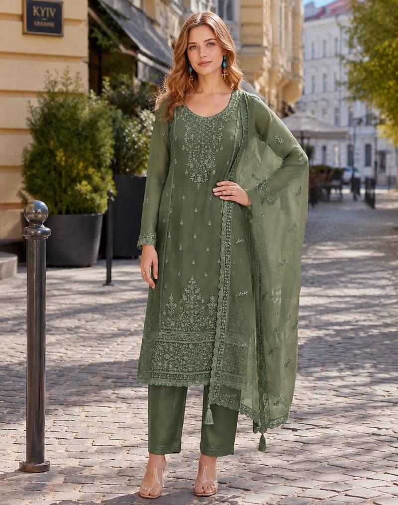 Mehendi siffon semi stitched suit with embroidery & sequence work
