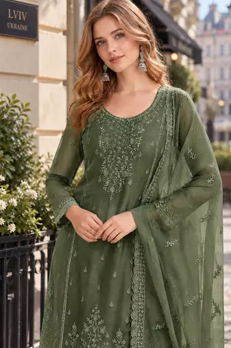 Mehendi siffon semi stitched suit with embroidery & sequence work