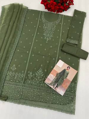 Mehendi siffon semi stitched suit with embroidery & sequence work 3