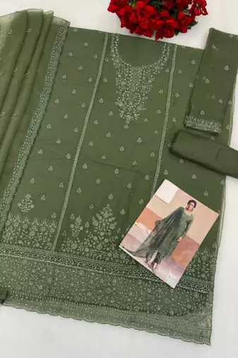 Mehendi siffon semi stitched suit with embroidery & sequence work