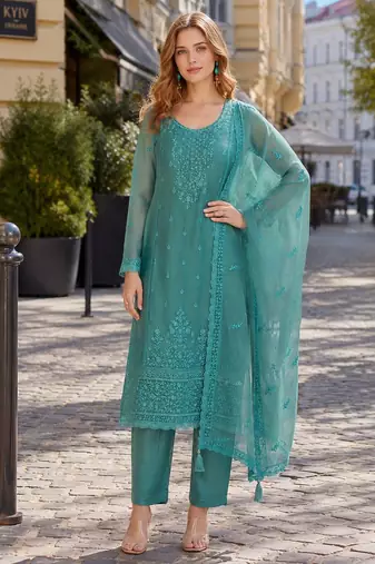 Blue siffon semi stitched suit with embroidery & sequence work