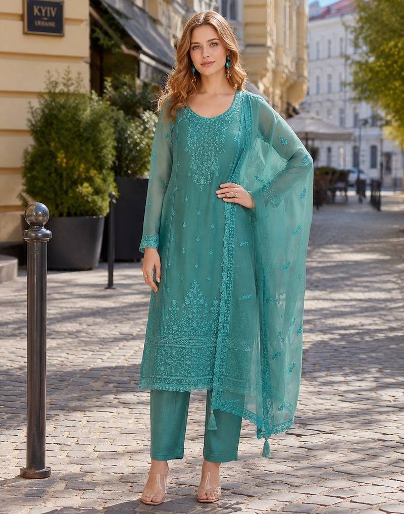 Blue siffon semi stitched suit with embroidery & sequence work