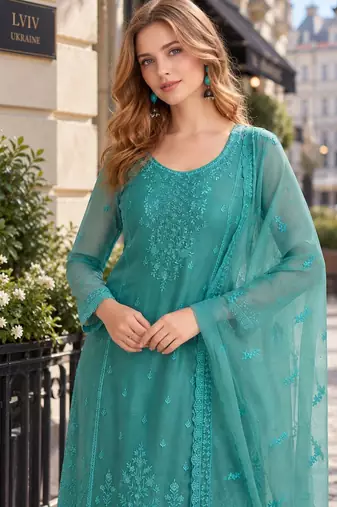 Blue siffon semi stitched suit with embroidery & sequence work