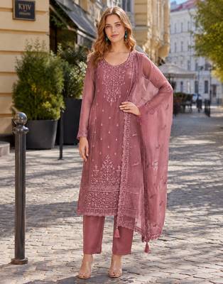 Pink siffon semi stitched suit with embroidery & sequence work 1