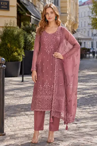 Pink siffon semi stitched suit with embroidery & sequence work