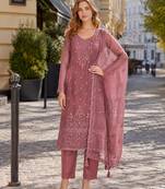 Pink siffon semi stitched suit with embroidery & sequence work
