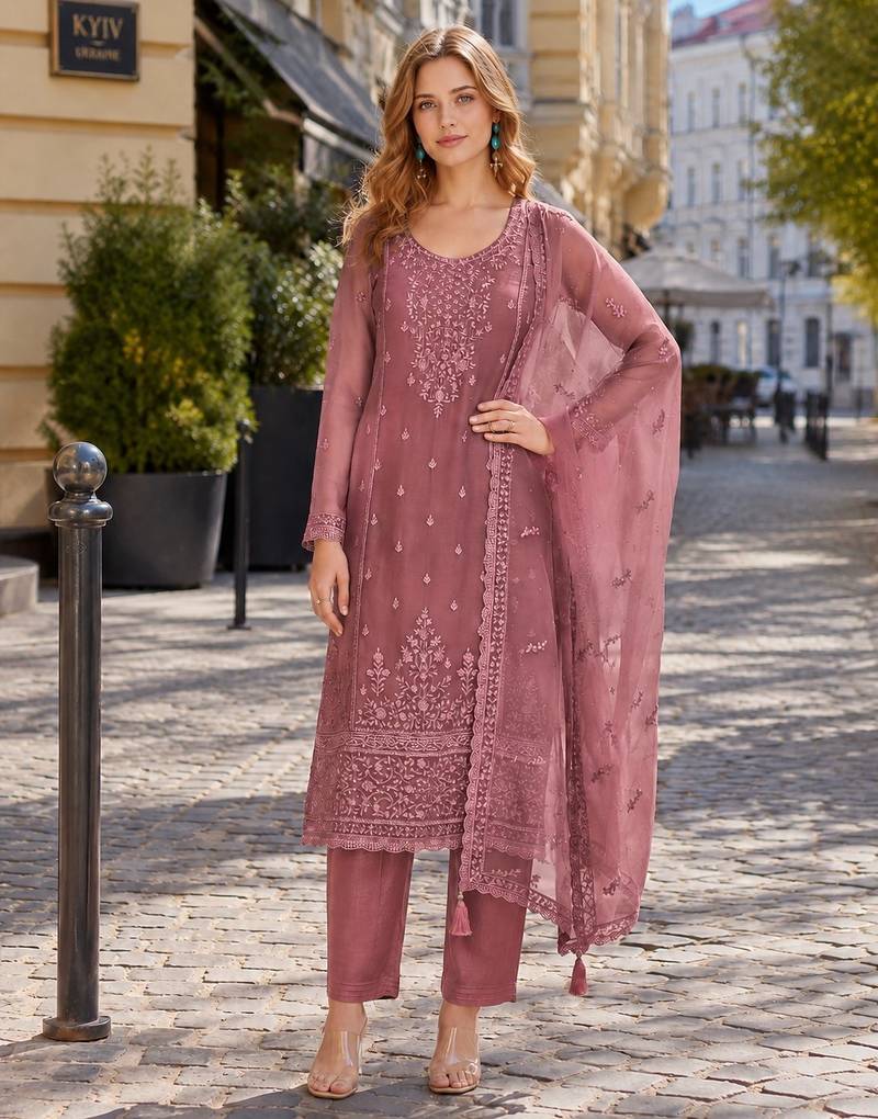 Pink siffon semi stitched suit with embroidery & sequence work