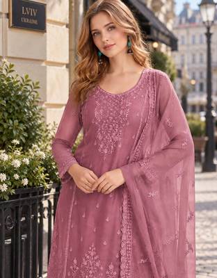 Pink siffon semi stitched suit with embroidery & sequence work 2