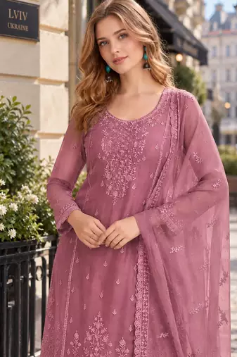 Pink siffon semi stitched suit with embroidery & sequence work