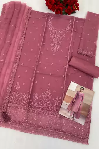 Pink siffon semi stitched suit with embroidery & sequence work