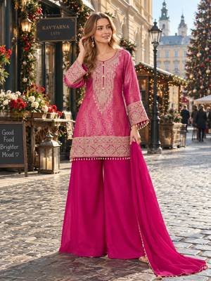 Magenta silk blend readymade suit with embroidery & beads work 1