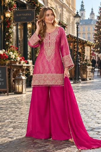 Magenta silk blend readymade suit with embroidery & beads work
