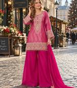 Magenta silk blend readymade suit with embroidery & beads work