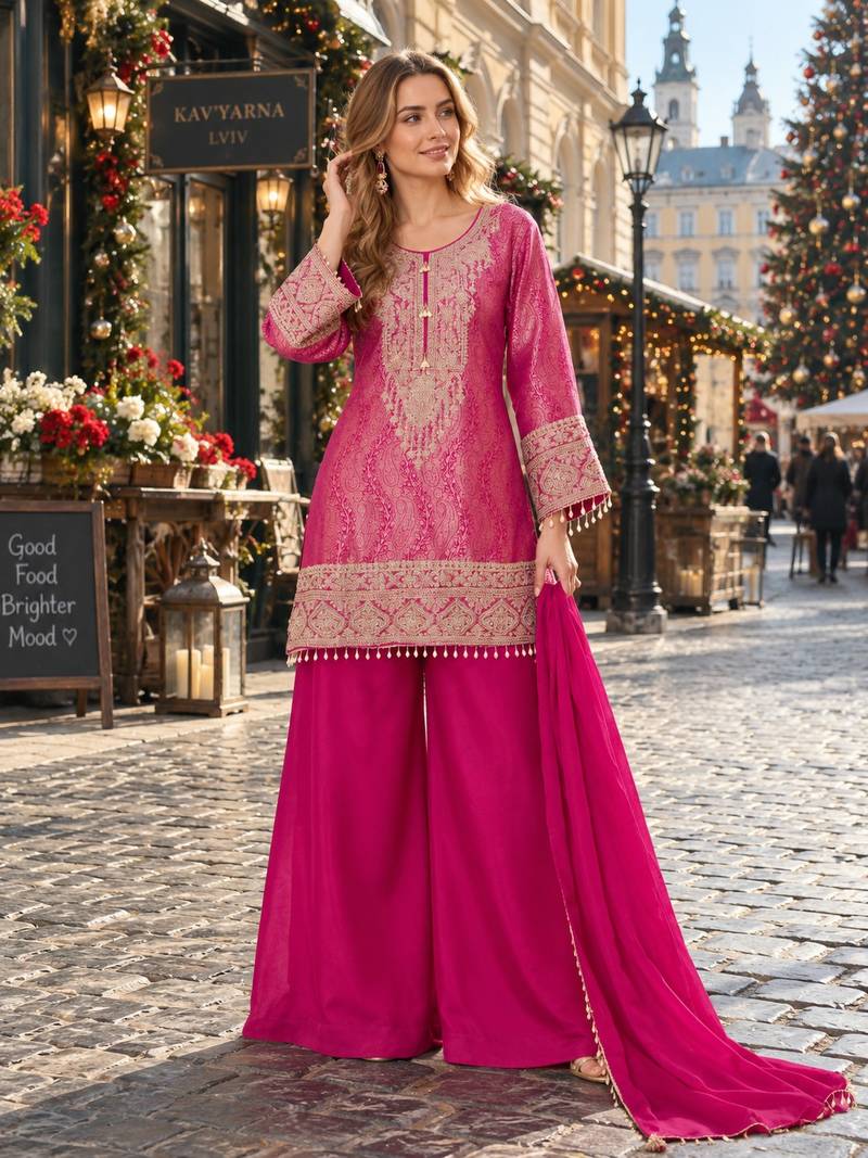 Magenta silk blend readymade suit with embroidery & beads work