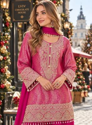 Magenta silk blend readymade suit with embroidery & beads work 2
